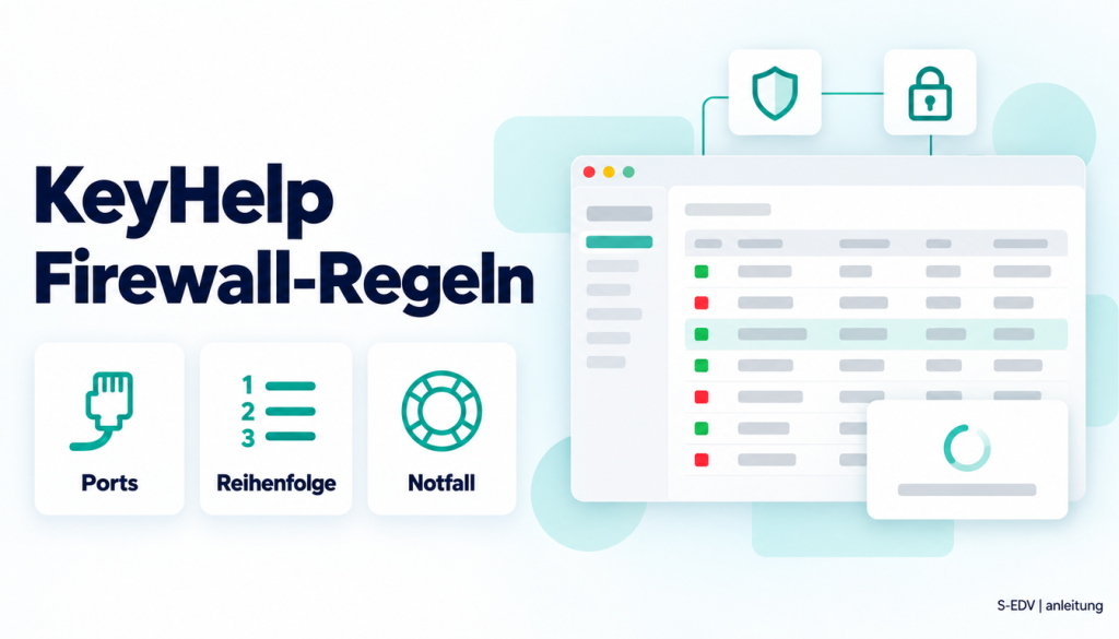 Illustration eines Hosting-Panels mit der Überschrift Firewall-Regeln und den Karten Ports, Reihenfolge, Notfall