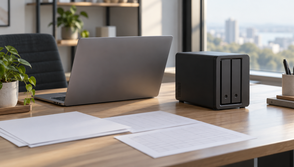 Schreibtisch mit Laptop, kompaktem NAS mit zwei Laufwerken, Pflanze und Papieren vor einem Fenster mit Stadtblick