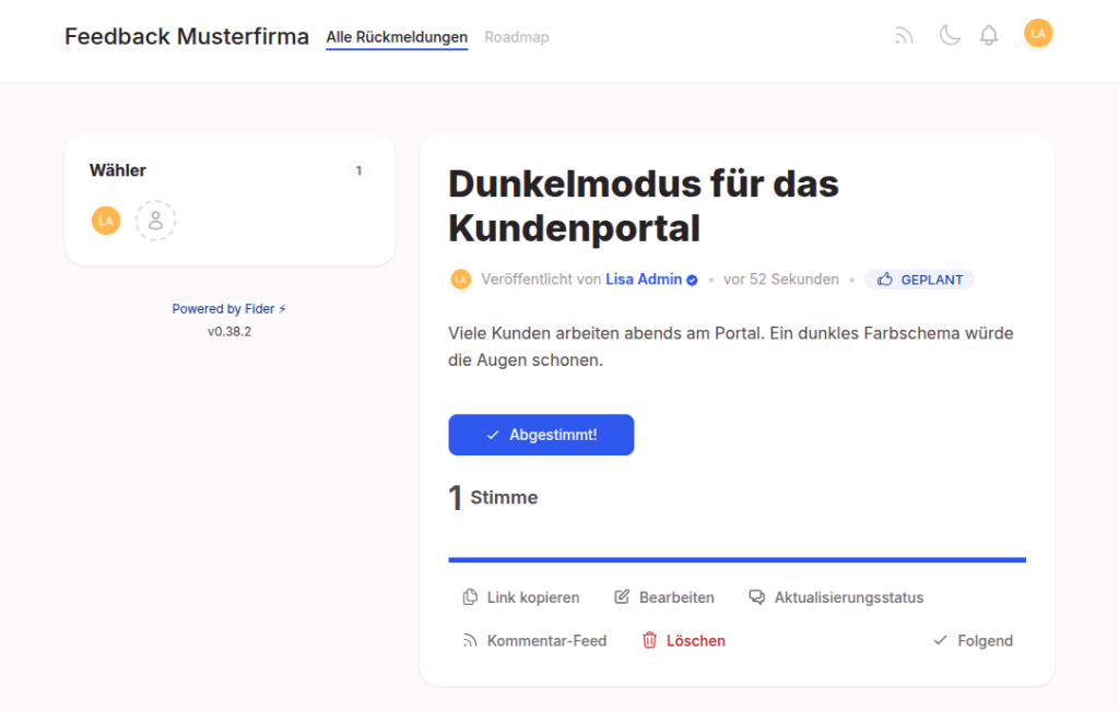 Detailansicht eines Fider-Beitrags mit Status Geplant, Stimmenzahl und Aktionen für Administratoren
