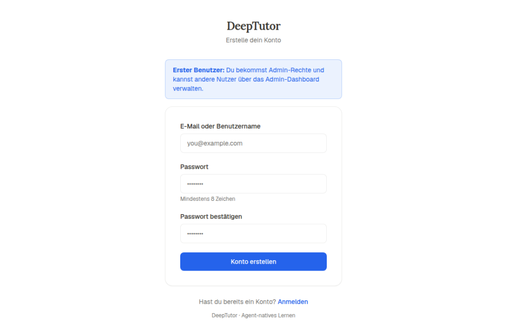 DeepTutor-Registrierungsseite mit Hinweis, dass der erste Benutzer Administrator wird