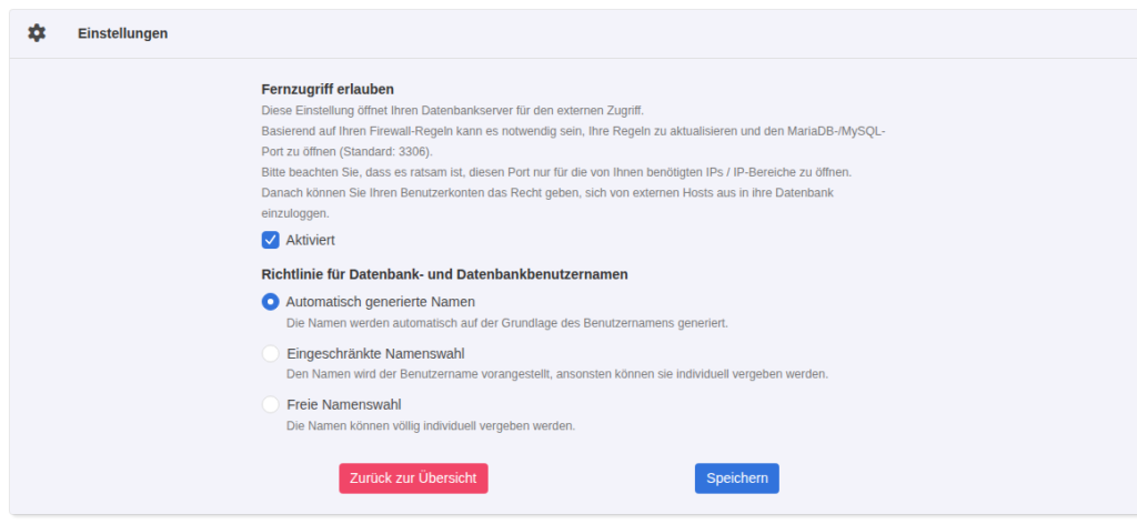 KeyHelp Konfiguration Datenbank-Server mit aktivierter Option Fernzugriff erlauben und Hinweisen zu Firewall und Port 3306