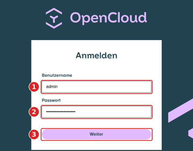 OpenCloud-Anmeldeseite: Feld Benutzername mit admin (1), Feld Passwort (2) und Schaltfläche Weiter (3)