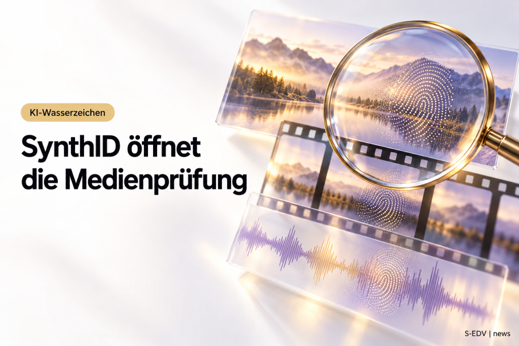 Symbolische Medienprüfung mit Lupe, Bild, Film und Audiowellen sowie der Überschrift SynthID öffnet die Medienprüfung.