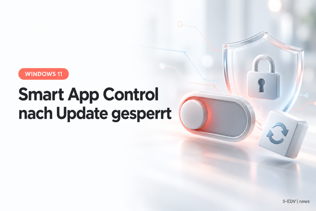 Abstrakte Illustration: ausgegrauter Schutzschalter neben einem Anwendungsschild und einem Update-Paket