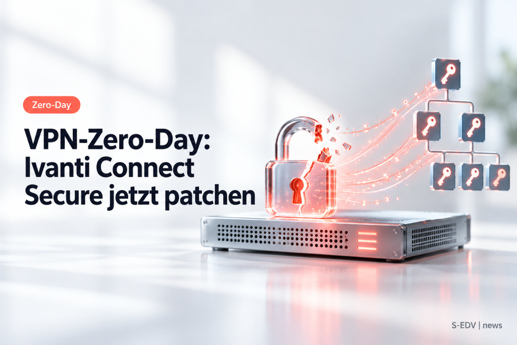 Hero-Bild: VPN-Gateway mit gebrochenem Schloss und Schlüsselsymbolen, Headline zur Zero-Day-Lücke in Ivanti Connect Secure