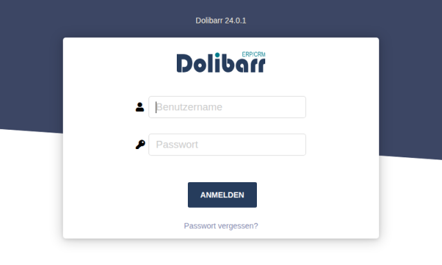 Anmeldeseite von Dolibarr 24.0.1 mit Feldern für Benutzername und Passwort