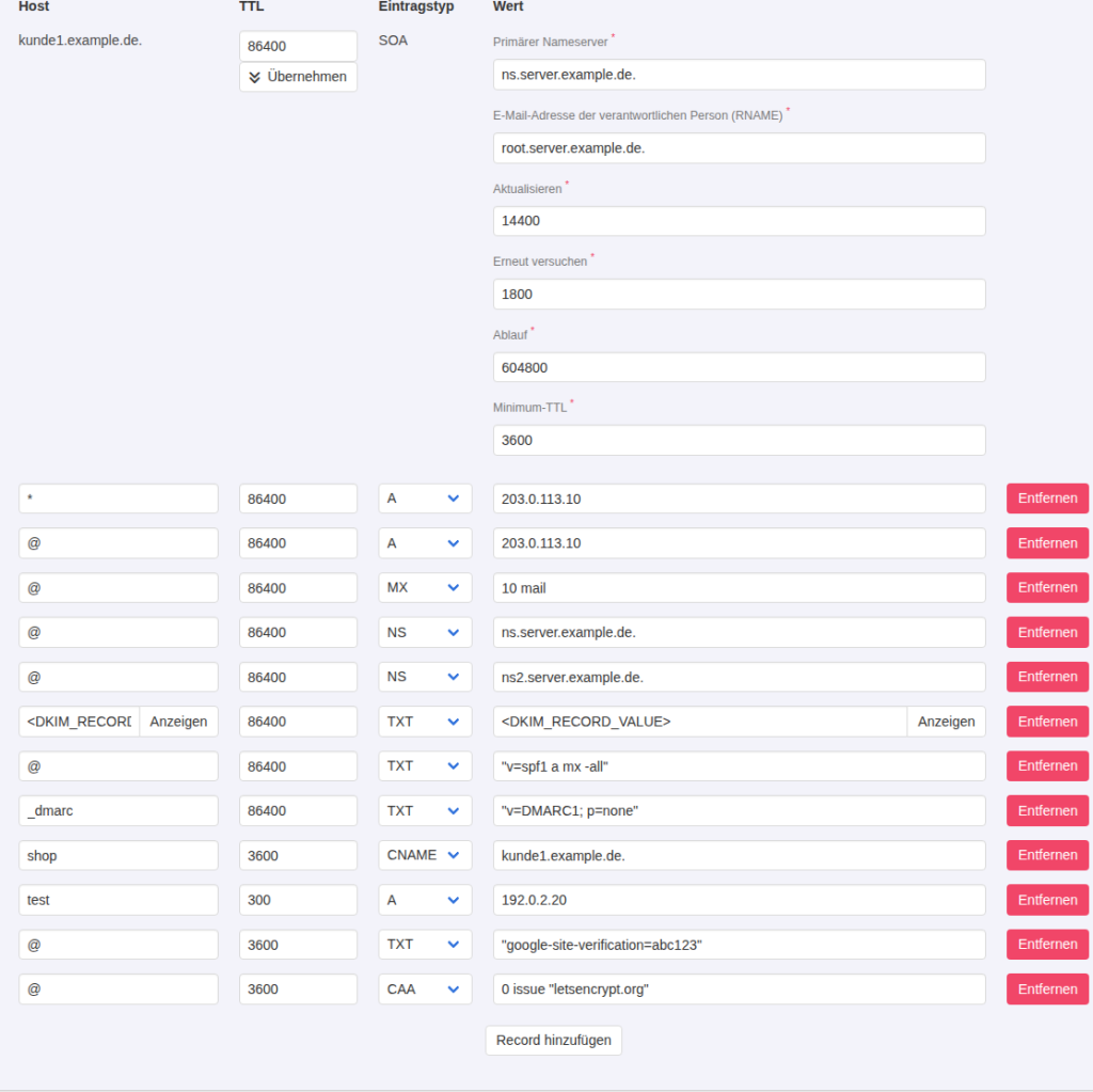 KeyHelp DNS-Editor mit SOA-Feldern, Standardeinträgen für A, MX, NS, TXT und neuen Einträgen shop als CNAME, test als A, TXT-Verifizierung und CAA