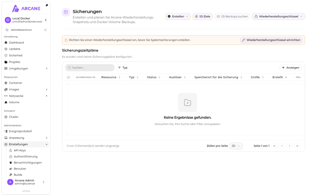 Arcane-Einstellungsseite Sicherungen mit Hinweis auf fehlenden Wiederherstellungsschlüssel