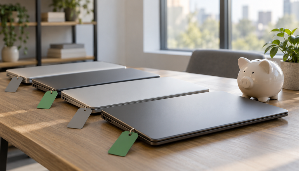 Mehrere zugeklappte Laptops mit grünen und grauen Anhängern neben einem weißen Sparschwein auf hellem Holztisch