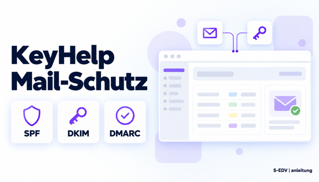 Illustration eines Hosting-Panels mit der Überschrift KeyHelp Mail-Schutz und den Karten SPF, DKIM, DMARC