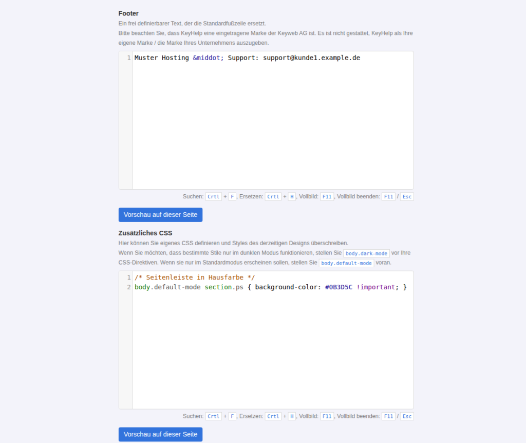 KeyHelp-White-Label-Formular mit eigenem Footer-Text für Muster Hosting und zusätzlichem CSS für die Seitenleiste