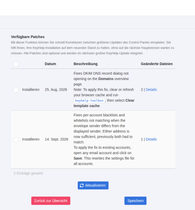 KeyHelp Patch-Manager mit zwei verfügbaren Patches vom 25. August und 14. September 2026
