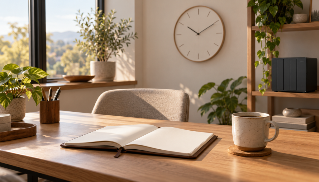 Heller Schreibtisch mit offenem Notizbuch und Kaffeetasse, im Hintergrund ein NAS im Holzregal und eine Wanduhr