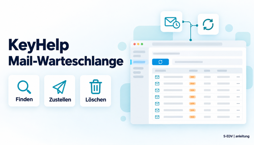 Illustration eines Hosting-Panels mit der Überschrift Mail-Warteschlange verwalten und den Karten Finden, Zustellen, Löschen