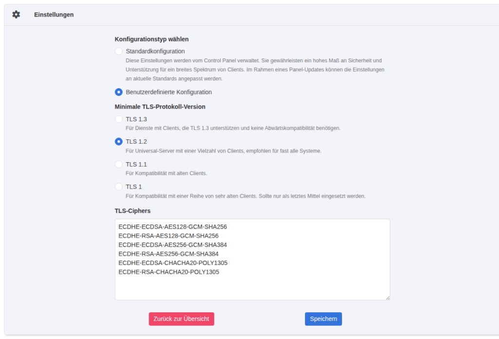 Benutzerdefinierte TLS-Konfiguration in KeyHelp mit TLS 1.2 als Mindestversion und sechs ECDHE-Cipher-Suites im Feld TLS-Ciphers