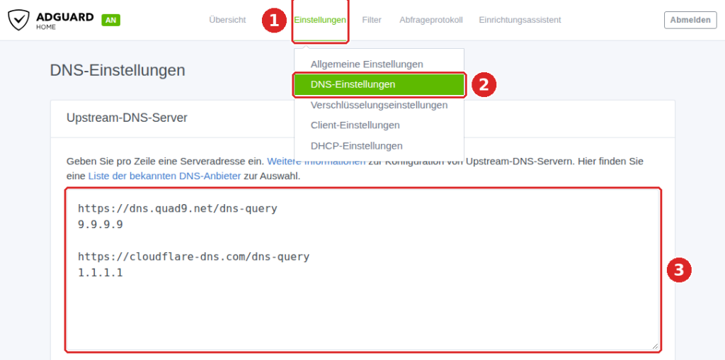 AdGuard Home, Menü Einstellungen (1) mit Eintrag DNS-Einstellungen (2) und Feld Upstream-DNS-Server (3) mit Quad9 und Cloudflare