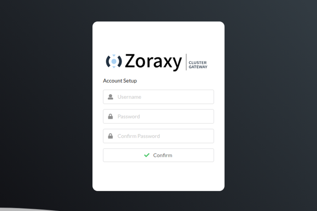 Zoraxy-Anmeldeseite einer frischen Installation mit dem Formular Account Setup für Benutzername, Passwort und Passwortbestätigung