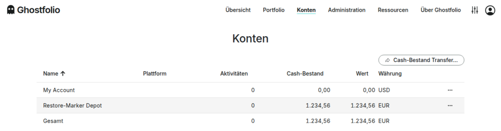 Kontenliste in Ghostfolio mit dem Testkonto Restore-Marker Depot und 1.234,56 Euro