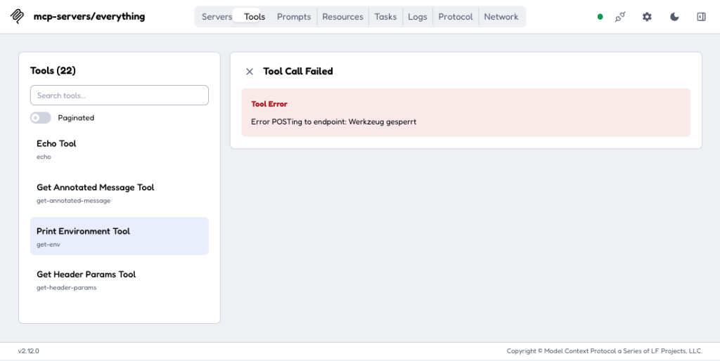MCP Inspector 2.12.0: Werkzeugliste mit 22 Einträgen, Aufruf von get-env scheitert mit der Meldung Werkzeug gesperrt
