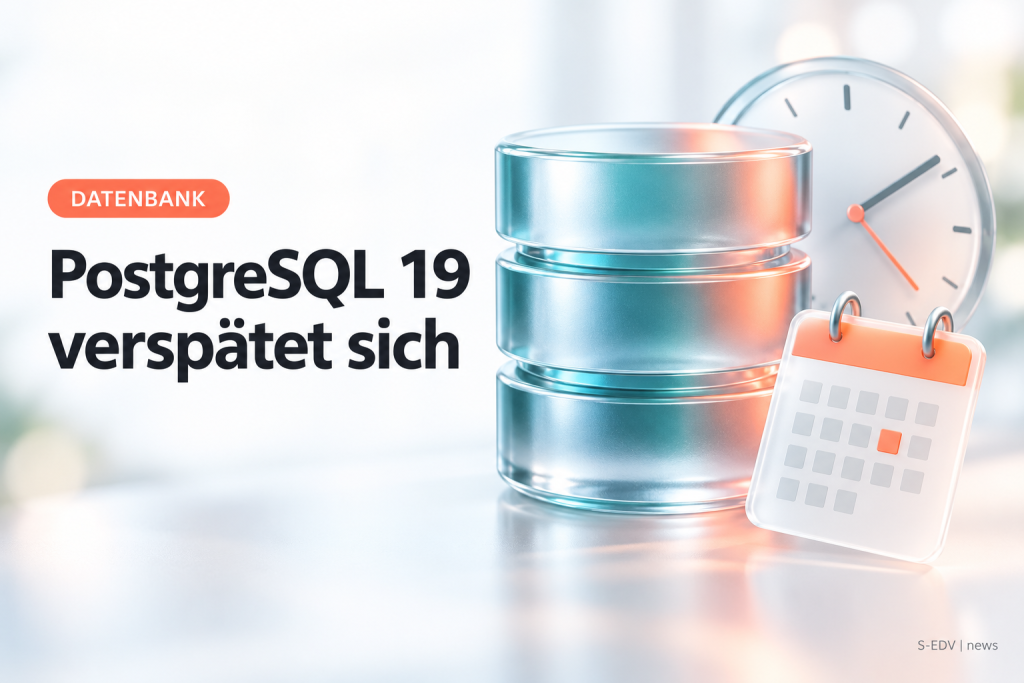 Symbolbild: Datenbankzylinder aus Glas mit Uhr und Kalenderblatt, daneben die Überschrift PostgreSQL 19 verspätet sich