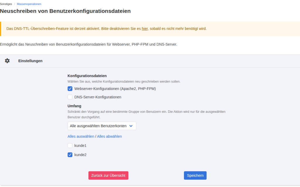 KeyHelp-Formular Neuschreiben von Benutzerkonfigurationsdateien mit aktivierten Webserver-Konfigurationen und nur dem Konto kunde2 im Umfang