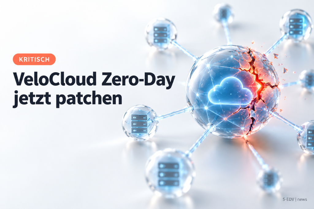 Symbolbild: gesprungene Glaskugel als Netzwerkzentrale mit verbundenen Standortknoten, daneben die Überschrift VeloCloud Zero-Day jetzt patchen