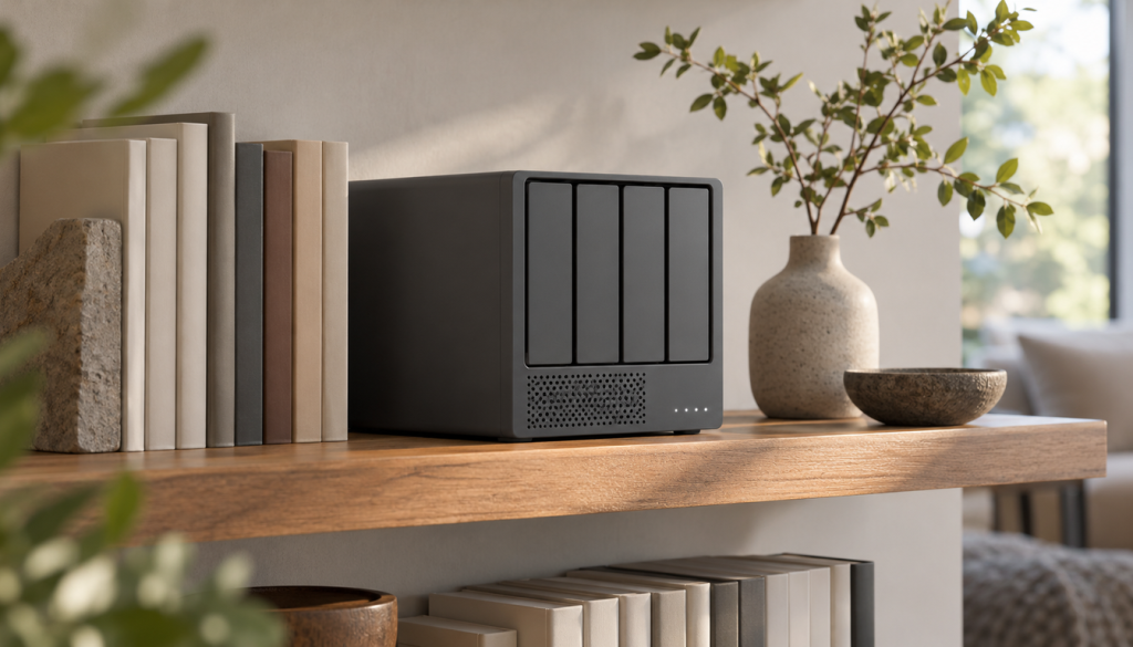 Dunkler Netzwerkspeicher auf einem Holzregal zwischen Büchern und einer Keramikvase mit grünen Zweigen