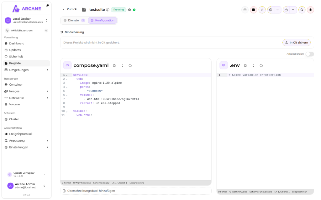 Arcane-Projektansicht testseite mit Status Running und Editor für compose.yaml und .env