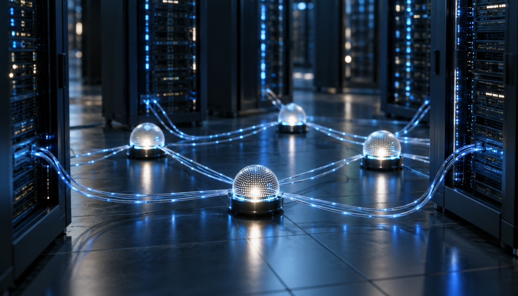 Leuchtende Netzwerkknoten, die im Serverraum zwischen mehreren Serverschränken per Glasfaserkabeln verbunden sind, als Sinnbild für ein dezentrales Netzwerk