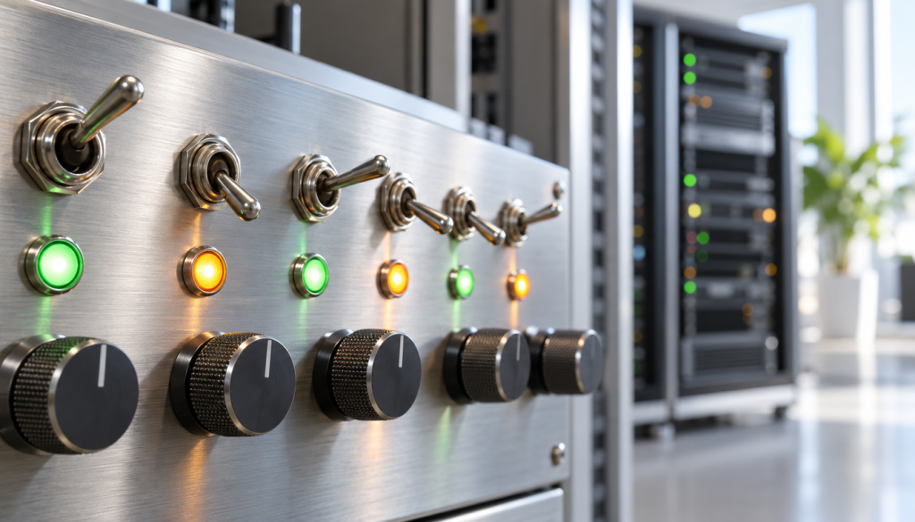 Bedienpanel aus Edelstahl mit Kippschaltern, grünen und orangen Kontrollleuchten und Drehknöpfen vor einem unscharfen Serverraum