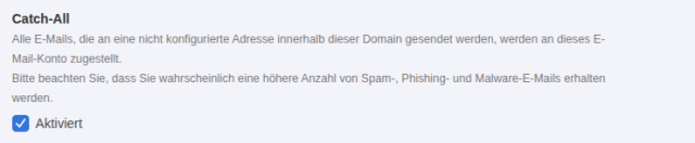 Abschnitt Catch-All im Reiter Allgemein mit Erklärtext, Spam-Warnung und aktivierter Checkbox