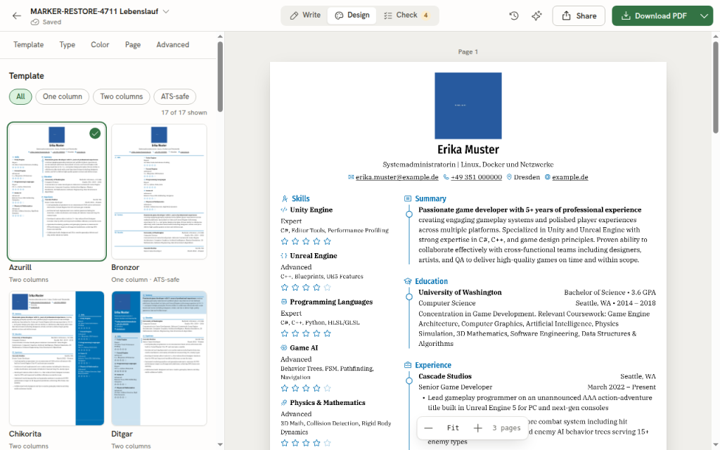 Design-Ansicht von Reactive Resume mit Vorlagengalerie, Filtern für ein- und zweispaltige sowie ATS-taugliche Vorlagen und Vorschau