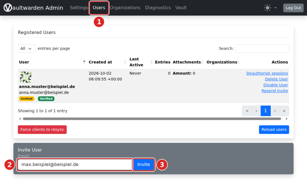Vaultwarden-Admin, Seite Users: Menüpunkt Users (1), E-Mail-Feld (2) und Schaltfläche Invite (3) im Bereich Invite User