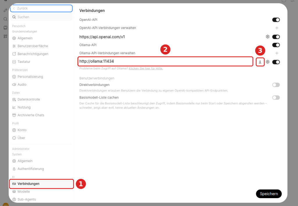 Open WebUI, Admin-Einstellungen, Verbindungen: Menüpunkt Verbindungen (1), Ollama-Verbindung http://ollama:11434 (2) und Schaltfläche Verwalten (3)