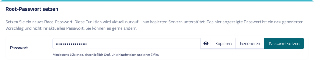 Abschnitt Root-Passwort setzen im netcup SCP mit Passwortfeld und Schaltflächen