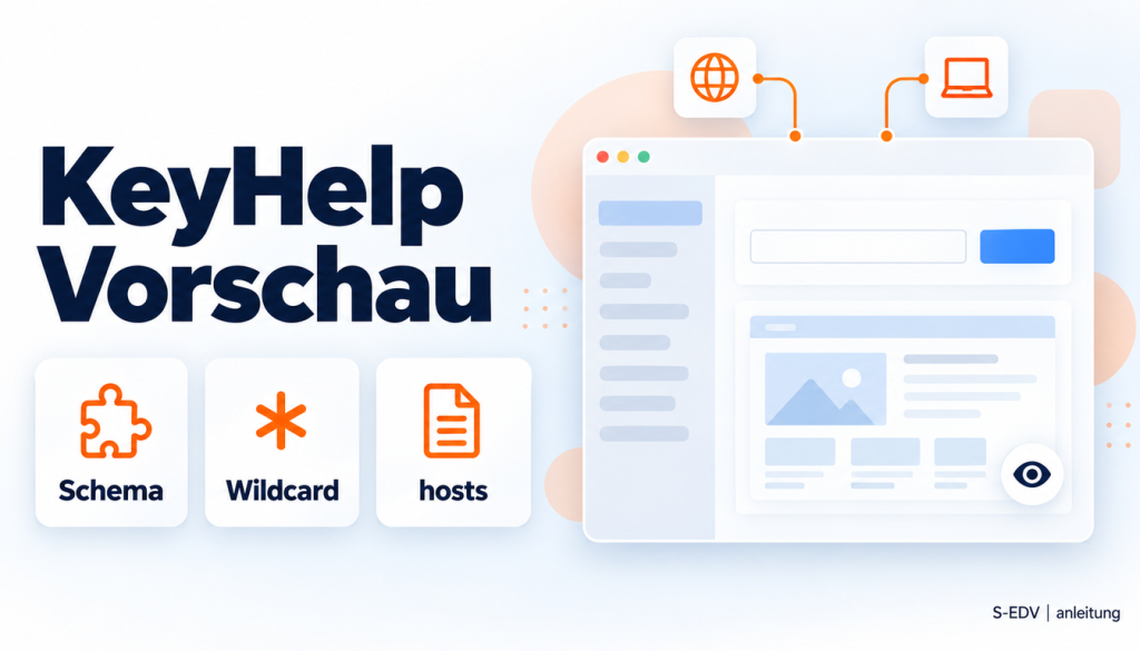 Illustration eines Hosting-Panels mit der Überschrift KeyHelp Vorschau und den Karten Schema, Wildcard, hosts