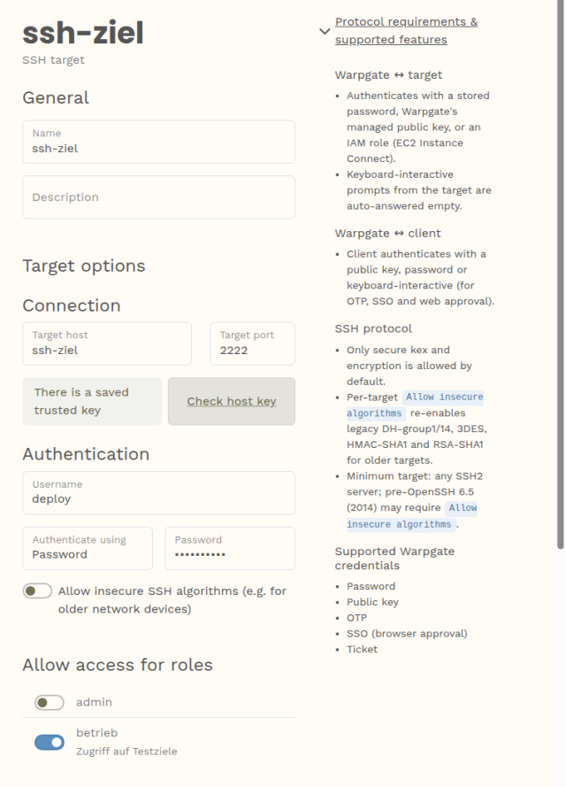 Einstellungen des SSH-Ziels ssh-ziel mit Host, Port 2222, Benutzer deploy, maskiertem Passwort und aktivierter Zugriffsrolle betrieb