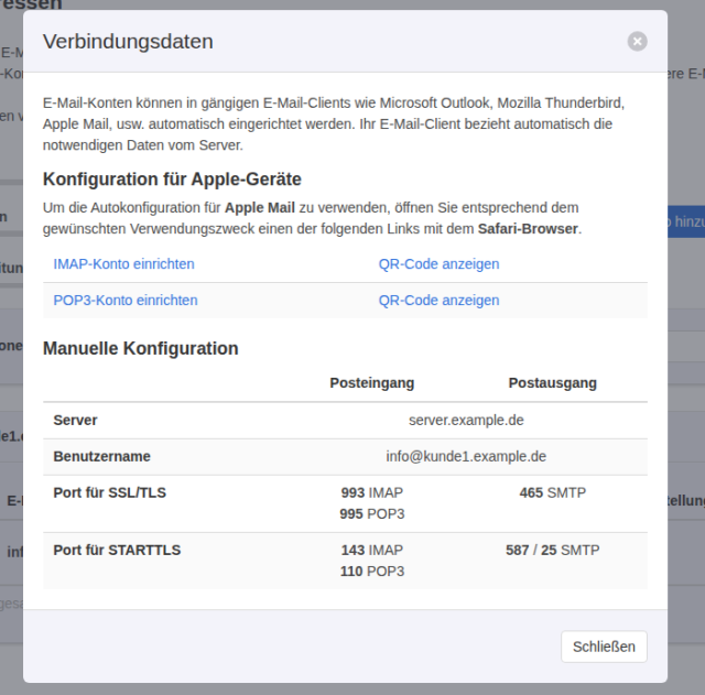 KeyHelp Kundenbereich, Dialog Verbindungsdaten mit Links für Apple-Geräte zum Einrichten von IMAP- und POP3-Konten, QR-Code-Links und der manuellen Konfiguration mit Server, Benutzername und Ports