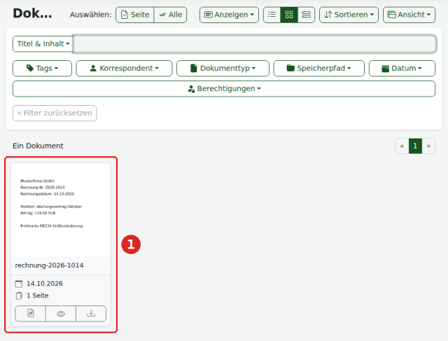Paperless-ngx 3.3.1, Ansicht Dokumente: die über den Consume-Ordner importierte Testrechnung als Karte mit Vorschaubild, Titel und Datum (1)