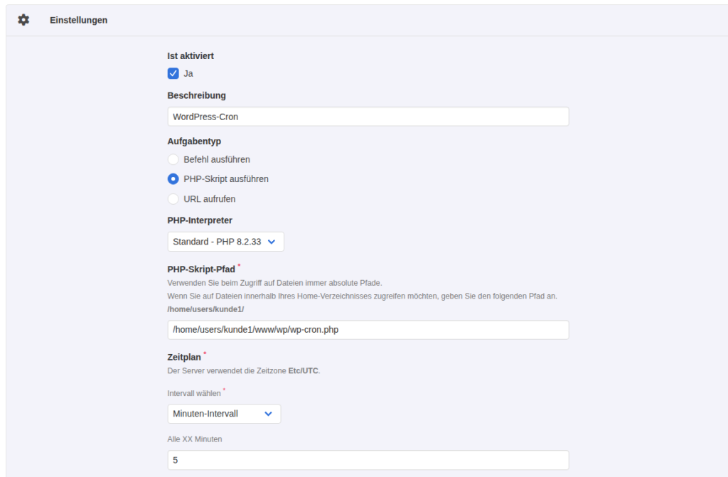 KeyHelp-Formular einer geplanten Aufgabe: aktiviert, Beschreibung WordPress-Cron, Aufgabentyp PHP-Skript ausführen, PHP-Interpreter Standard PHP 8.2.33, Pfad zur wp-cron.php, Minuten-Intervall alle 5 Minuten
