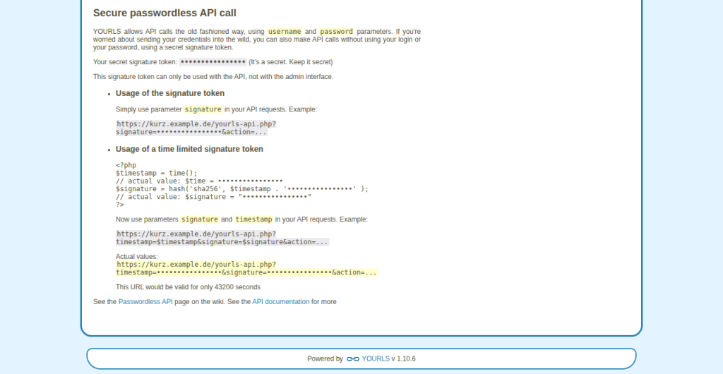 YOURLS-Seite Tools mit maskiertem Signatur-Token für API-Aufrufe ohne Passwort