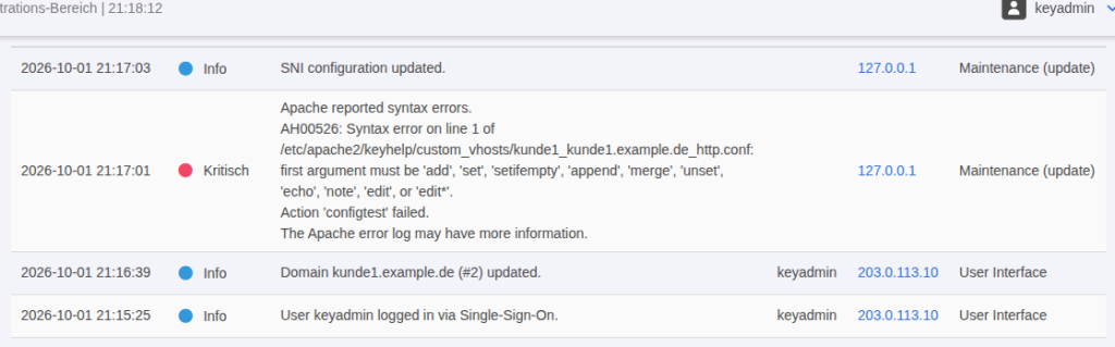 KeyHelp-Ereignisprotokoll mit rot markiertem Eintrag der Stufe Kritisch: Apache reported syntax errors mit AH00526 und Pfad der Datei unter custom_vhosts