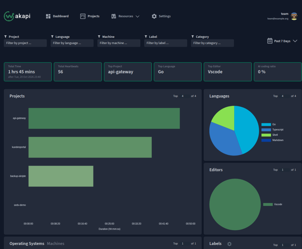 Wakapi-Dashboard mit Gesamtzeit, Heartbeat-Anzahl, Projekt-Balkendiagramm sowie Sprach- und Editor-Diagrammen