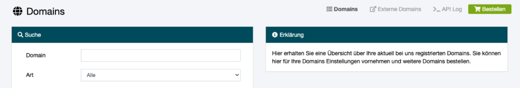 Seite Domains im netcup CCP mit den Punkten Externe Domains, API Log und Bestellen