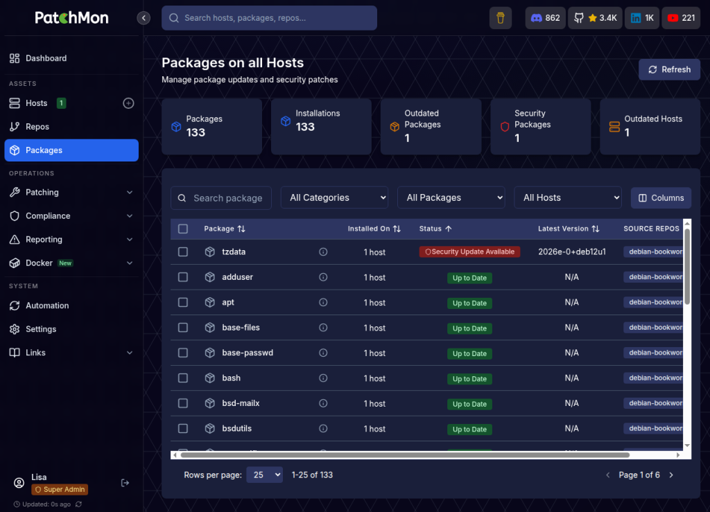Paketliste in PatchMon, tzdata ist als Sicherheitsupdate markiert
