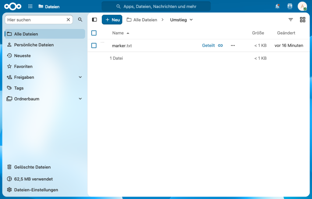 Nextcloud-Dateien: Ordner Umstieg mit marker.txt und Freigabelink nach der Wiederherstellung