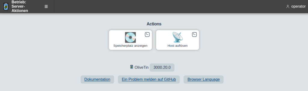 OliveTin-Oberfläche nach der Anmeldung als operator mit nur zwei Buttons, Speicherplatz anzeigen und Host auflösen