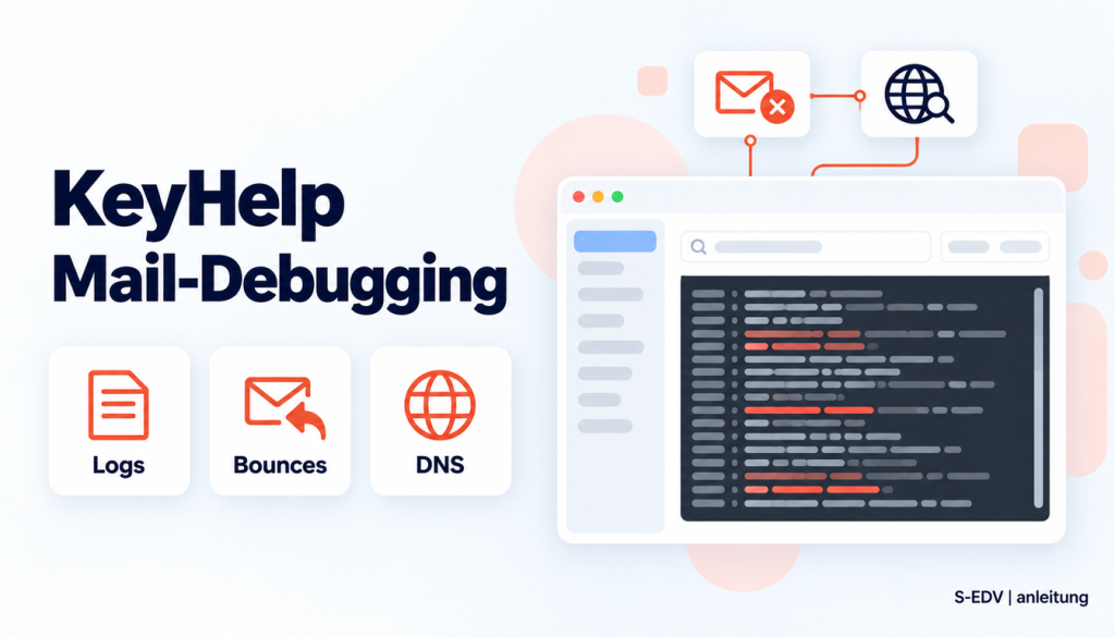 Illustration eines Hosting-Panels mit der Überschrift Mailzustellung debuggen und den Karten Logs, Bounces, DNS