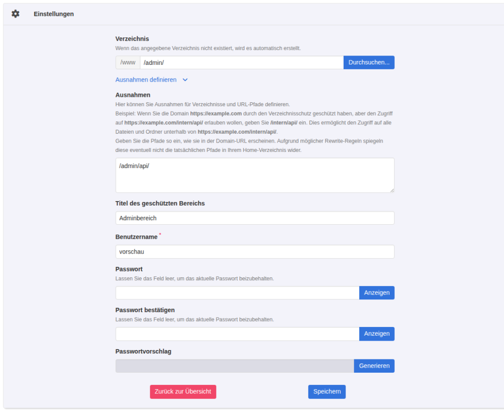KeyHelp-Formular Verzeichnisschutz bearbeiten mit Verzeichnis /www/admin/, aufgeklappten Ausnahmen mit /admin/api/, Titel Adminbereich, Benutzer vorschau und leeren Passwortfeldern