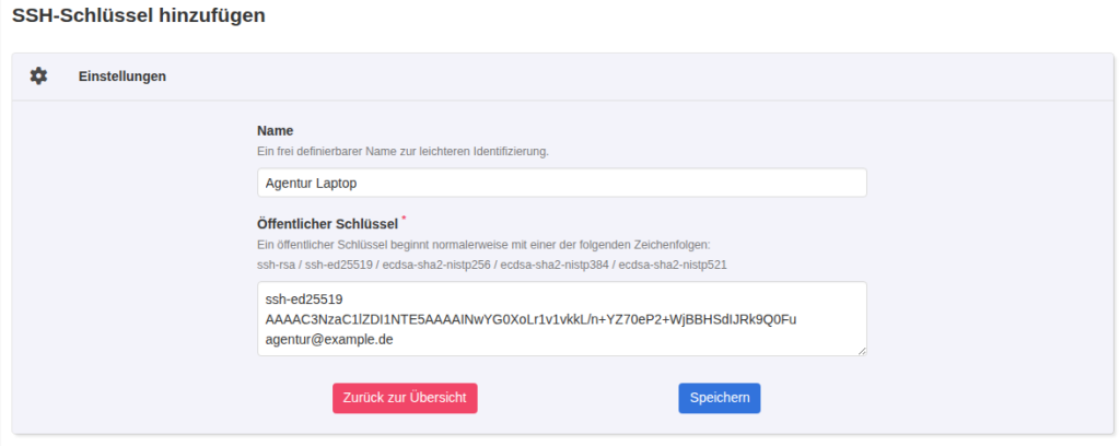 KeyHelp-Formular SSH-Schlüssel hinzufügen mit dem Namen Agentur Laptop und einem öffentlichen ssh-ed25519-Schlüssel